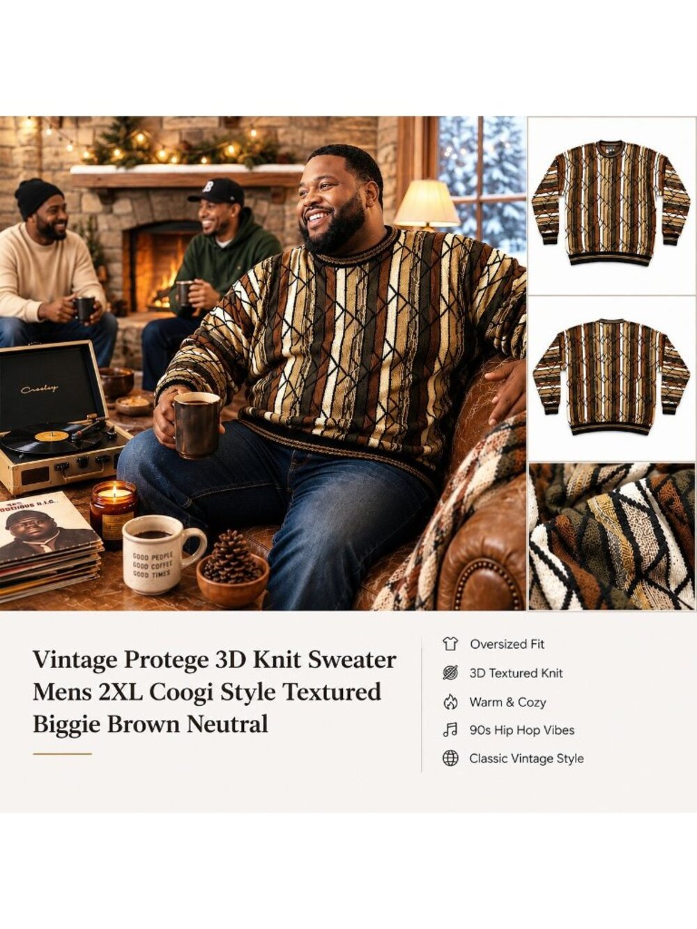 Vintage Protege 3D Knit Coogi Style Sweater Mens 2XL Brown Neutral Textured USA